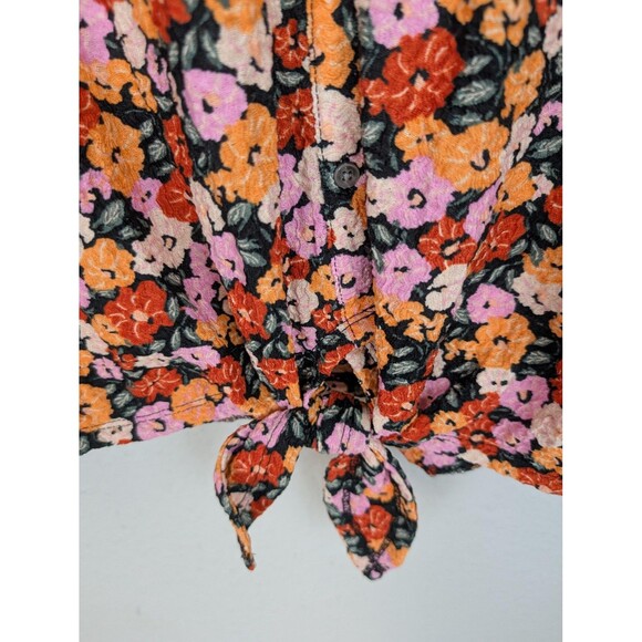 LOFT Shirt Womens XL Black Orange Pink Floral Short Sleeve Button Tie Front Top - Picture 5 of 8